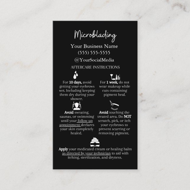 Mikroblading Aftercare und FAQs Instruction Card Visitenkarte (Vorderseite)