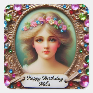 MILA ~ HAPPY BIRTHDAY ~ Vintages Mädchen ~ Quadratischer Aufkleber