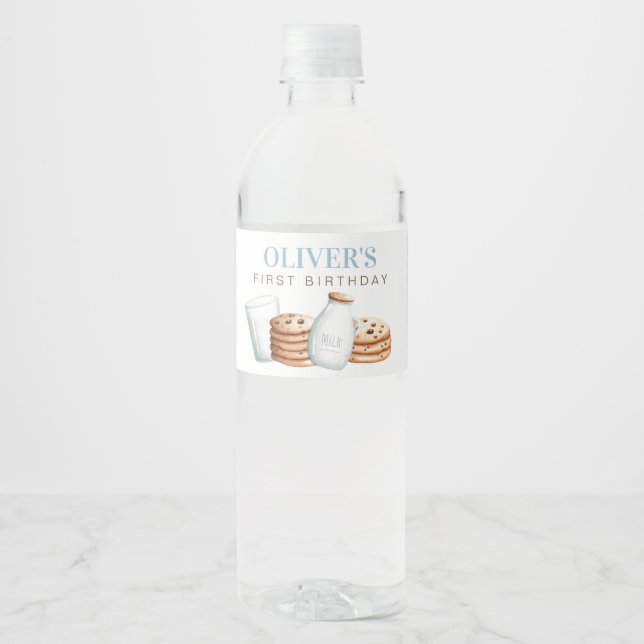 Milch und Cookies Blue Birthday Wasserflaschenetikett (Vorderseite)