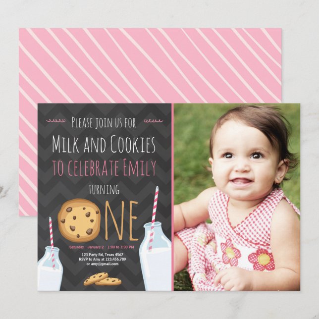 Milch und Cookies Erstgeburtstag Einladung Mädchen (Vorne/Hinten)