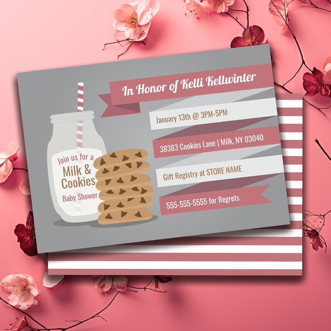 Milch und Cookies Kinderdusche - rosa gestreiftes  Einladung (Milk and Cookies Baby Shower – Pink Striped Party Invitation)