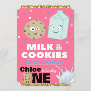 Milch und Cookies Pink & Gold Glitzer  1. Geburtst Einladung