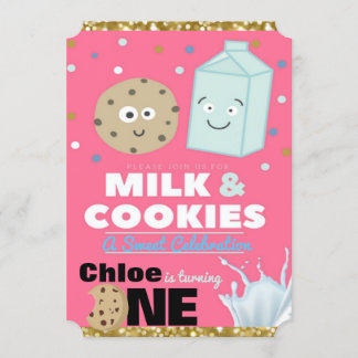 Milch und Cookies Pink & Gold Glitzer| 1. Geburtst Einladung