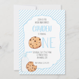 Milch und Kekse blauer Junge zum ersten Geburtstag Einladung