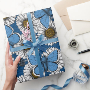 Milchfische, weiße wild lebende Blume und blaue Sc Geschenkpapier
