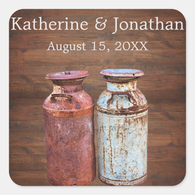 Milchkonserven Land Hochzeit rustikalen alten Baue Quadratischer Aufkleber (Vorderseite)
