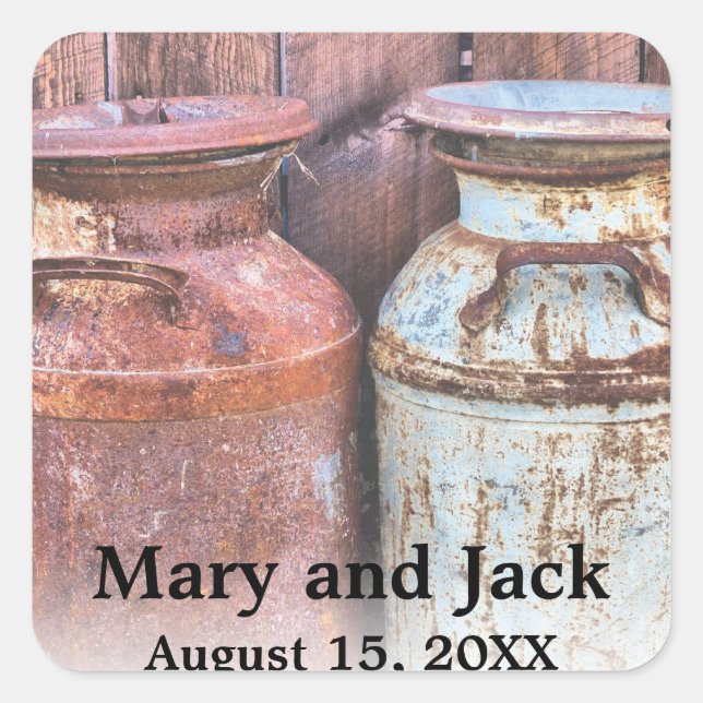 Milchkonserven Land Hochzeit rustikalen alten Baue Quadratischer Aufkleber (Vorderseite)