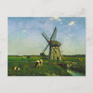 Milchkühe, die von einer Windmühle weiden Postkarte