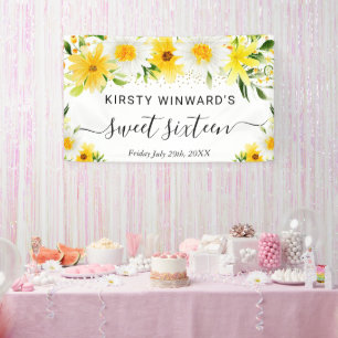 Milchprodukte und gelbe Blumen Sweet 16 Willkommen Banner