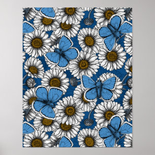 Milchprodukte, weiße Blume und blaue Schmetterling Poster