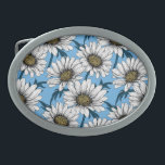 Milchprodukte, wild lebende Blume auf blau Ovale Gürtelschnalle<br><div class="desc">Handgezeichnetes Vektormuster mit weißen,  blauen Blume</div>