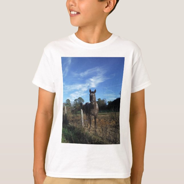 Milchschokolade Braunes Pferd in Blau T-Shirt (Vorderseite)