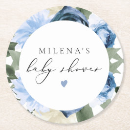 MILENA Dusty Blue Floral Boy Baby Dusche Runder Pappuntersetzer