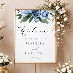 MILENA Dusty Blue Slate Floral Wedding Willkommen Poster