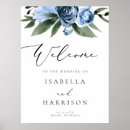 MILENA Dusty Blue Slate Floral Wedding Willkommen Poster