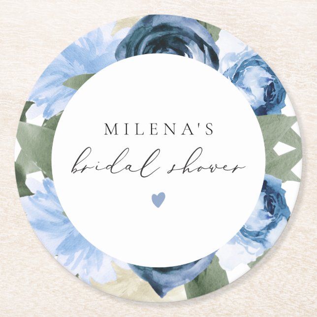 MILENA Etwas Blue Floral Brautparty Runder Pappuntersetzer (Vorderseite)