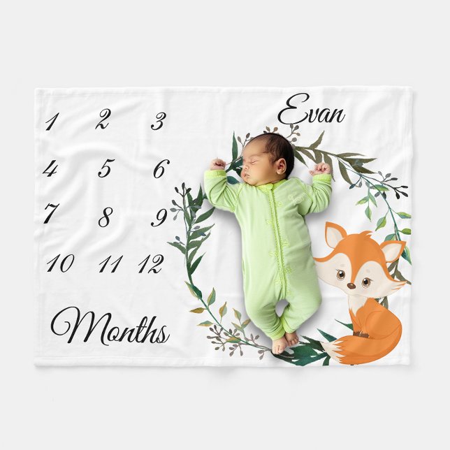 Milestone Baby Fox Leaf Wreath Keepake Fleecedecke (Von Creator hochgeladen)