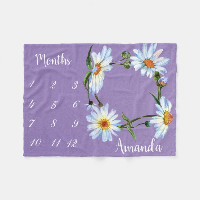 Milestone Daisy Watercolor Lila Foto Keepake Fleecedecke (Vorderseite (Horizontal))
