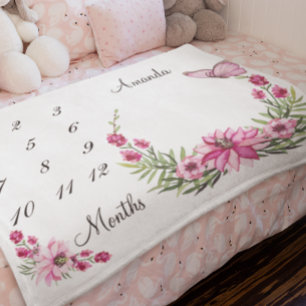 Milestone Pink Wreath Baby Keepake Fleecedecke