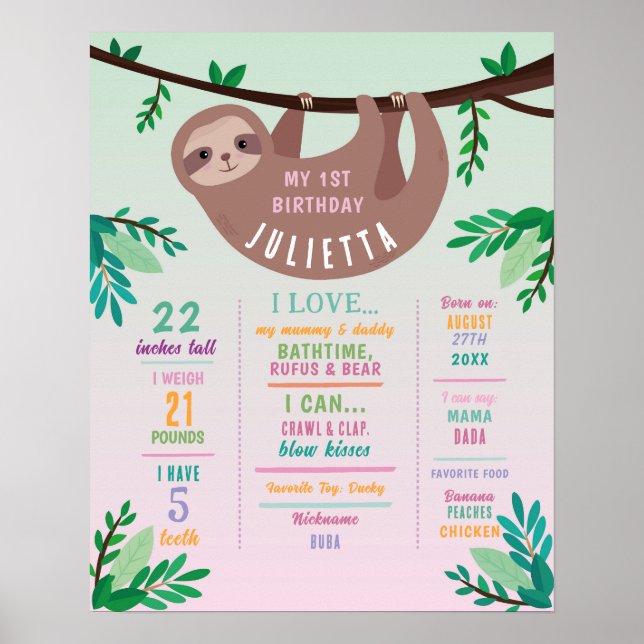 Milestone Sloth Poster Girls 1st Pink Jungle (Vorne)
