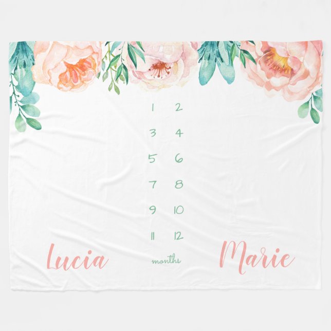 Milestone Zwillingsbaby Girl Aquarell Blume pfirsi Fleecedecke (Vorderseite (Horizontal))