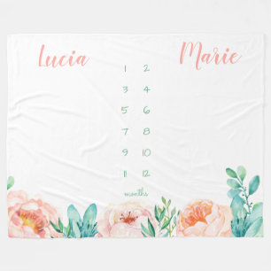 Milestone Zwillingsbaby Girl Aquarell Blume pfirsi Fleecedecke