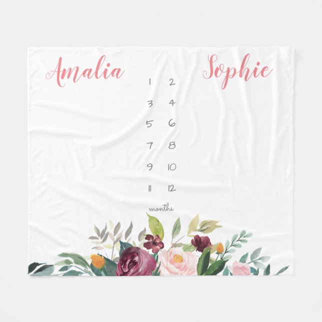 Milestone Zwillingsmädchen Aquarellfarben Blume pi Fleecedecke (Vorderseite (Horizontal))