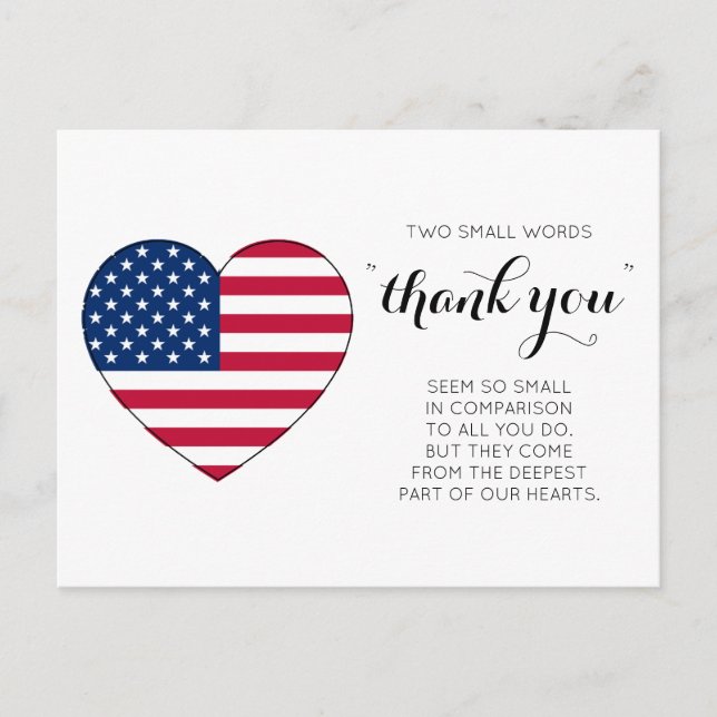 Militär Patriotic Heart American Flag Vielen Dank  Postkarte (Vorderseite)