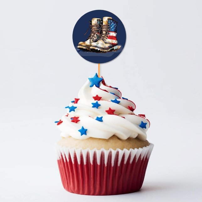 Militär tärkräfte US-Flagge BLAU auf dem Weg zum P Runder Aufkleber (Navy blue patriotic watercolor US flag combat boots military going away party cupcake pick stickers)
