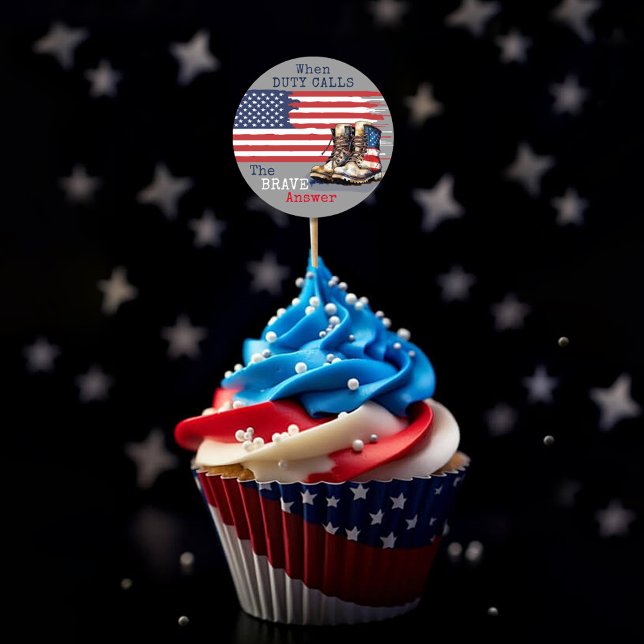 Militärische Stiefel US-Flagge Grauen weg Party Pi Runder Aufkleber (Patriotic US flag combat boots duty calls brave answer military farewell party cupcake pick sticker)