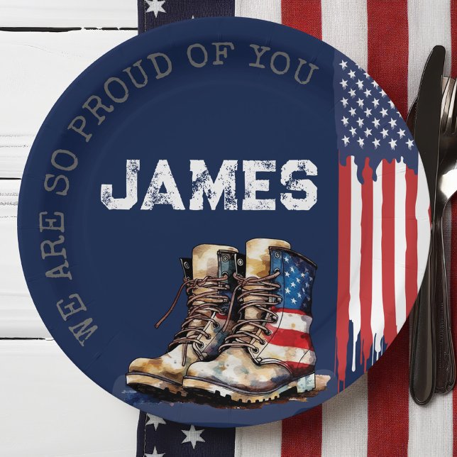 Militärische US-Fahne stimuliert BLAU auf dem Weg  Pappteller (Patriotic Military Party US Flag Combat Boots going away farewell party table decor paper plates)