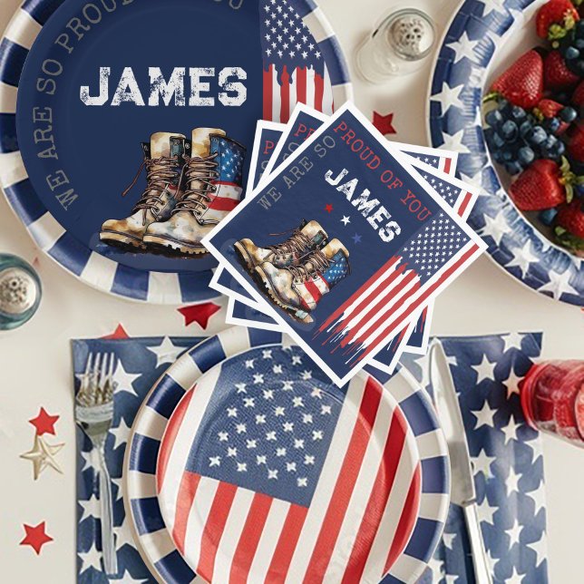 Militärische US-Fahne stimuliert BLAU auf dem Weg  Serviette (Patriotic Military Party US Flag Combat Boots going away farewell party table decor plates napkins)