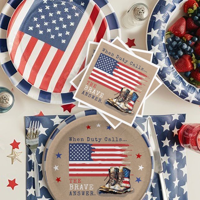 Militärische US-Fahne stimuliert RUSTIK auf dem We Serviette (Patriotic Military Party US Flag Combat Boots going away farewell party table decor plates napkins)