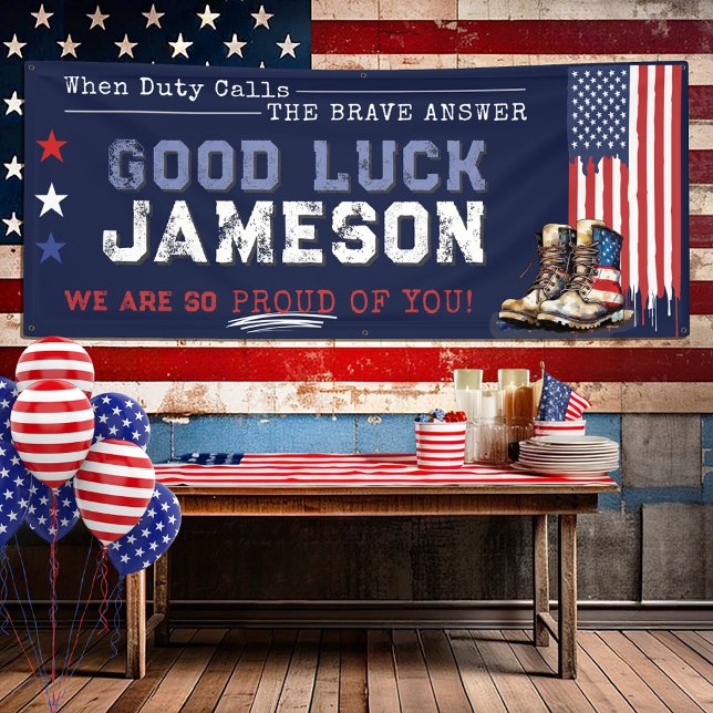 Militärische US-Flaggenstiefel 2,5x6 gehen weg vom Banner (Personalized rustic 2.5x6' patriotic US Flag and combat boots red white & navy blue farewell banner)