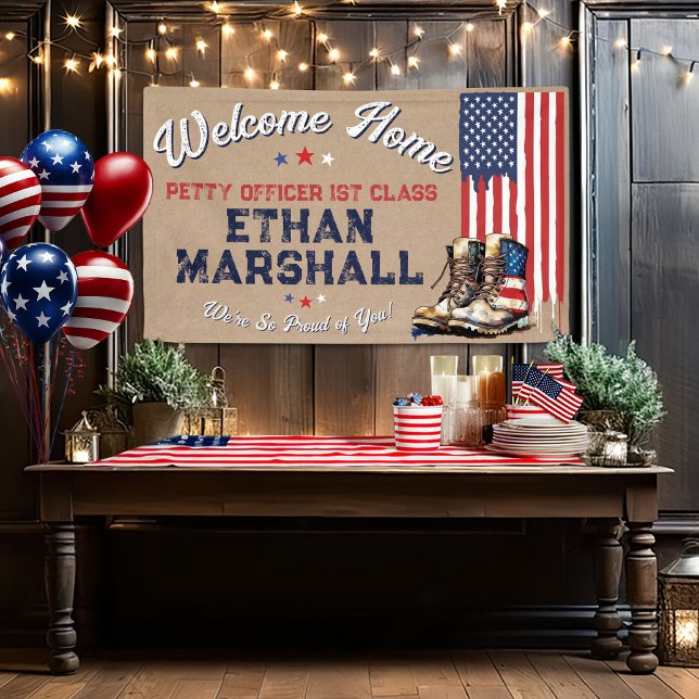 Militärische Willkommens-US-Flaggen-Stiefel Rustik Banner (Rustic kraft patriotic American flag watercolor combat boots custom US Military Welcome Home Banner)