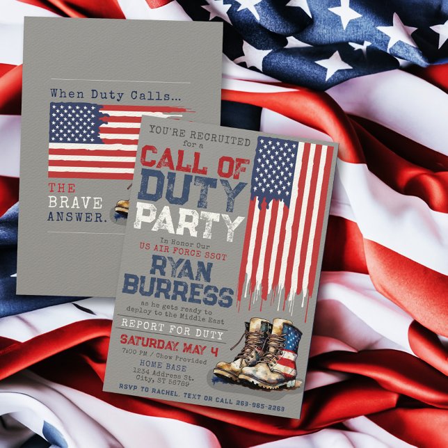 Militärisches US Flag GRAY Stationierung Farewell  Einladung (Gray red white and blue US flag and watercolor combat boots Call of Duty military deployment party)