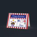 MilitärMama-Geburtstags-Karte Karte<br><div class="desc">Diese patriotische Geburtstags-Karte lässt Ihre MilitärMama lächeln. Sie kennzeichnet einen roten und weißen gestreiften Hintergrund, Schokoladenkleinen kuchen mit Sternen, amerikanische Flaggen, ein Flaggenherz und eine Kerze, Rot-, weißen u. Blauensterne, eine Erkennungsmarke, die mit "USA" geprägt werden und eine blaue Fahne mit dem Text "alles Gute zum Geburtstag" im Weiß. Erkennungsmarken...</div>