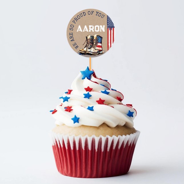 Militärstiefel Flag RUSTIC weg Party Picks Runder Aufkleber (Rustic Kraft patriotic US flag boots custom name military going away party cupcake pick stickers set)