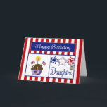 Militärtochter-Geburtstags-Karte Karte<br><div class="desc">Diese patriotische Geburtstags-Karte lässt Ihre Militärtochter lächeln. Sie kennzeichnet einen roten und weißen gestreiften Hintergrund, Schokoladenkleinen kuchen mit Sternen, amerikanische Flaggen, ein Flaggenherz und eine Kerze, Rot-, weißen u. Blauensterne, eine Erkennungsmarke, die mit "USA" geprägt werden und eine blaue Fahne mit dem Text "alles Gute zum Geburtstag" im Weiß. Erkennungsmarken...</div>