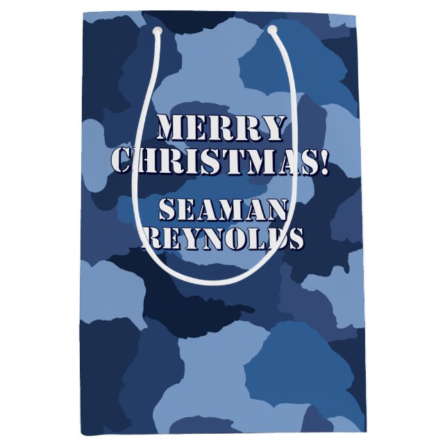Military Blue Camouflage Custom Frohe Weihnachten Mittlere Geschenktüte (Vorderseite)