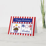 Military Brother Birthday Card Karte<br><div class="desc">This Patriotic Birthday Card will make your military Brother smile. This colorful card feature a red and white striped background, chocolate cupcake with stars, American Flags, a flag heart and a candle, red, white & blue stars, a dog tag embossed with "USA" und a blue banner with text "Happy Birthday"...</div>