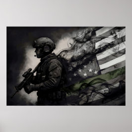 Military Green Line Tribute Smoke American Flag Poster