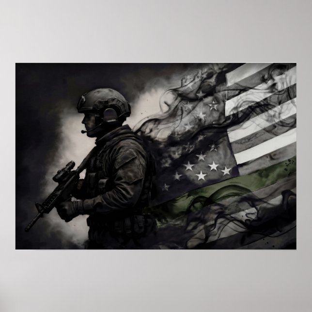 Military Green Line Tribute Smoke American Flag Poster (Vorne)