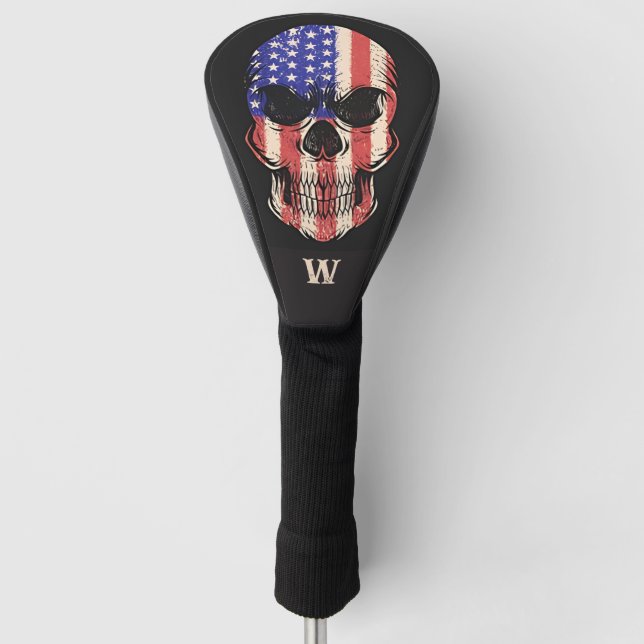 Military Grunge USA Flag Skull Monogram Initial Golf Headcover (Vorderseite)