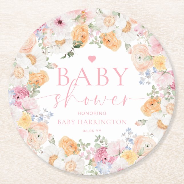 Millie Floral Baby Shower Runder Pappuntersetzer (Vorderseite)