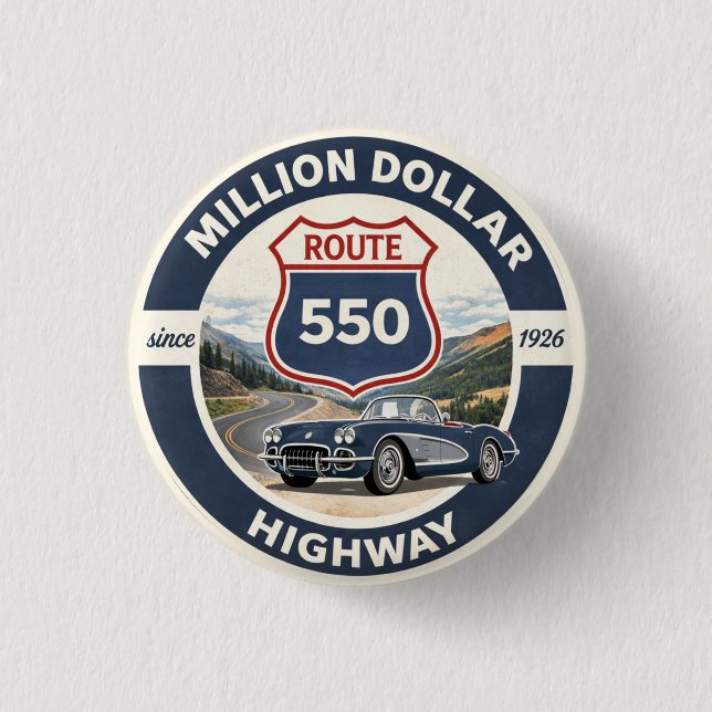 Million-Dollar-Highway-Route-550-Oldtimer-Geschenk Button (Vorderseite)