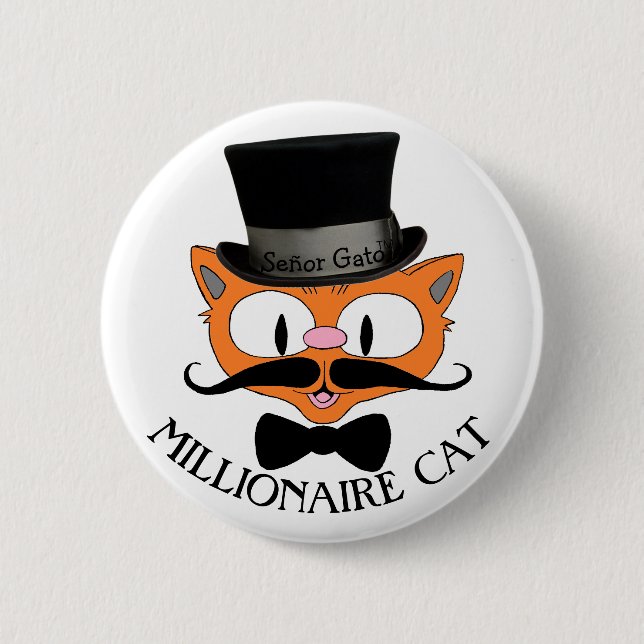 MILLIONAIRE CAT-Cartoon Mustache Katze mit Top-Hut Button (Vorderseite)