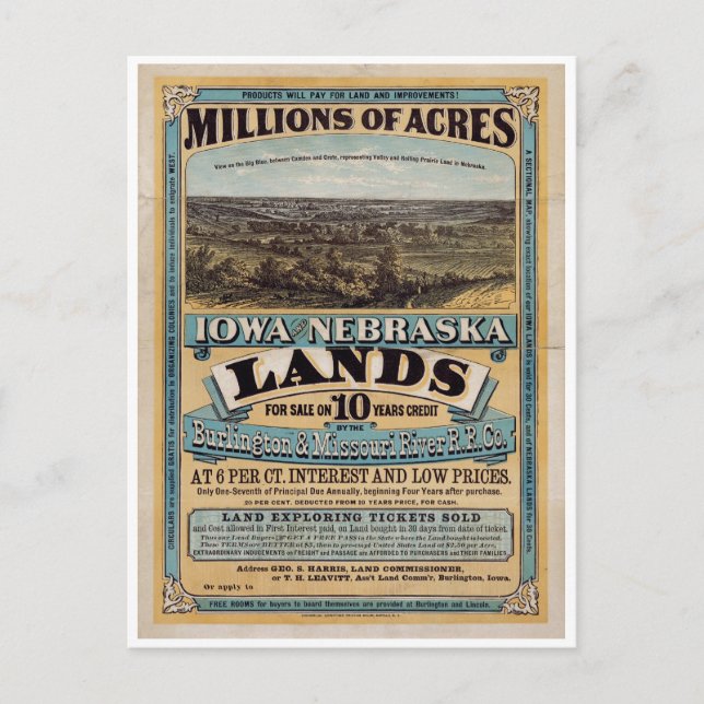 Millionen Hektar. Iowa und Nebraska 1872 Postkarte (Vorderseite)