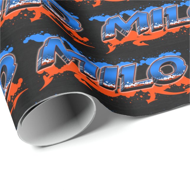 Milo Vorname Name Graffiti blue orange Geschenkpapier (Rolleneckpunkt)
