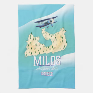 Milos, griechische Inselkarte Reiseposter Kunst. Geschirrtuch